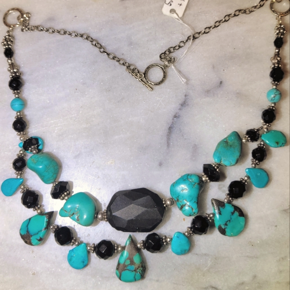 Turquoise Onyx Sterling 925 Necklace 21.25" - Picture 1 of 6